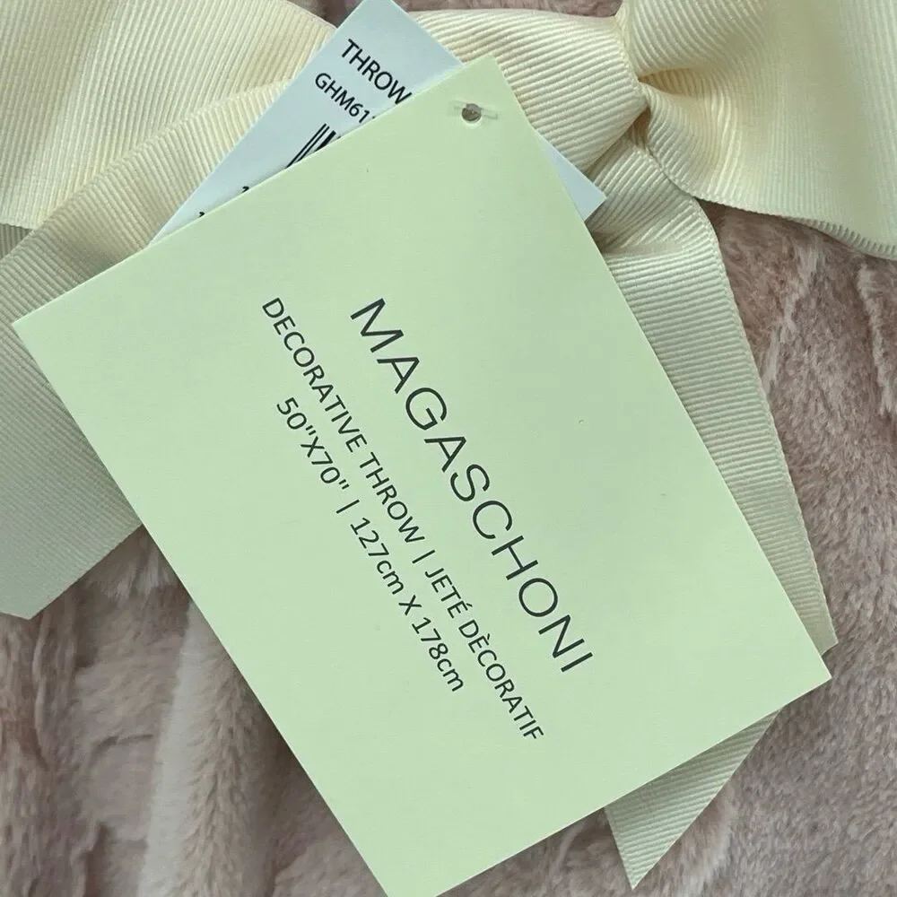 Magaschoni Pink Ribbon Bow Decorative Plush Throw Cozy Faux Fur Blanket